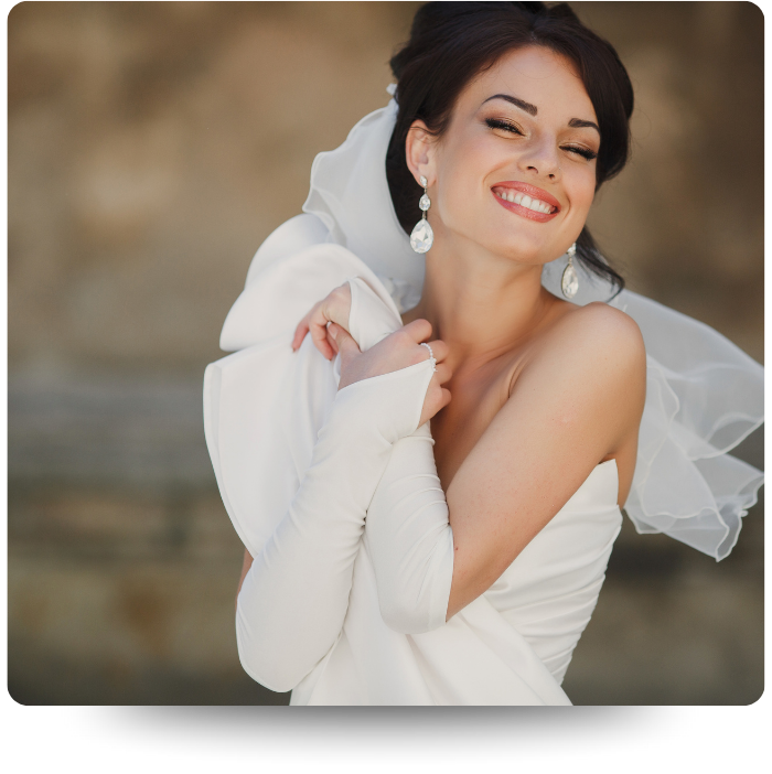 bridal smiling in chic bridal gown